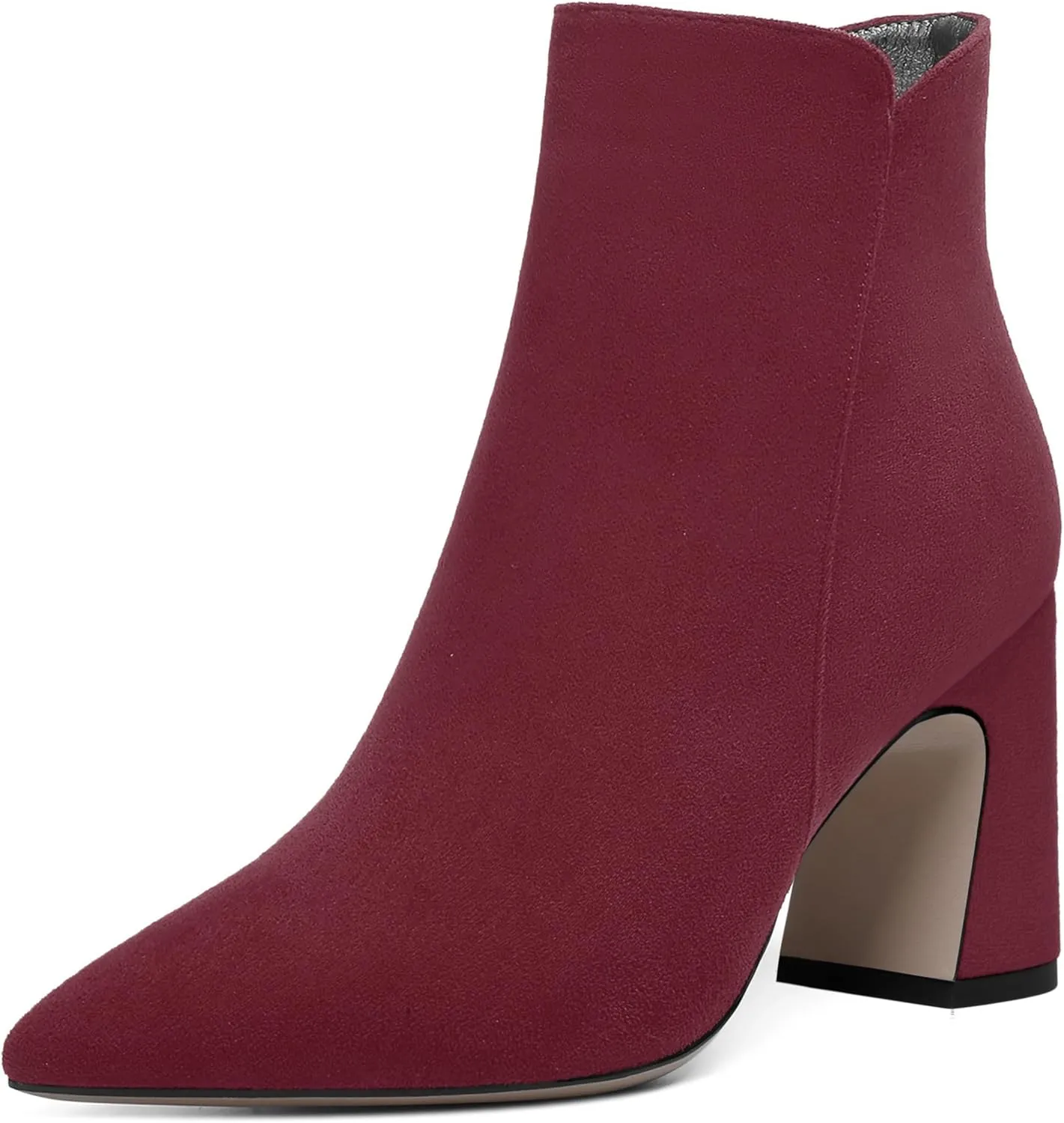 WAYDERNS Womens Suede Solid Zip Pointed Toe All Weather Dating Chunky High Heel Ankle High Boots 3.3 Inch