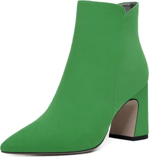 WAYDERNS Womens Suede Solid Zip Pointed Toe All Weather Dating Chunky High Heel Ankle High Boots 3.3 Inch