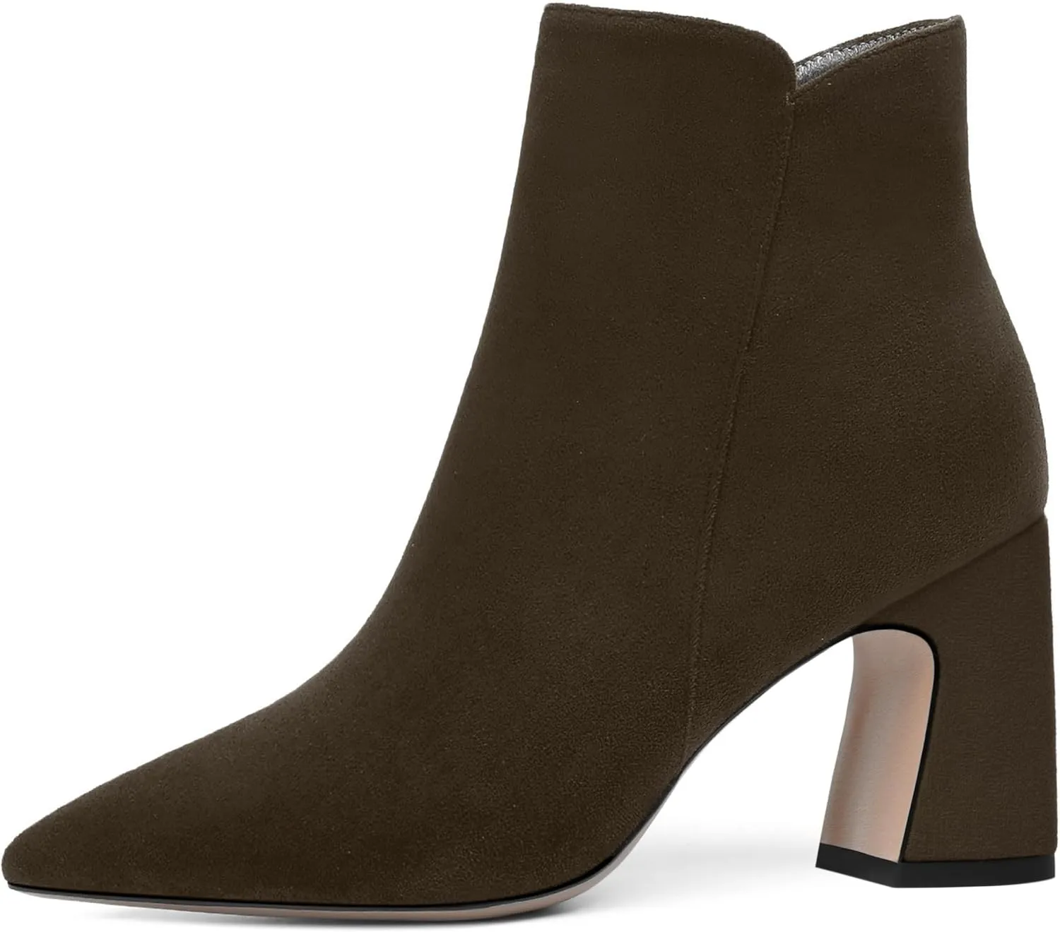 WAYDERNS Womens Suede Solid Zip Pointed Toe All Weather Dating Chunky High Heel Ankle High Boots 3.3 Inch
