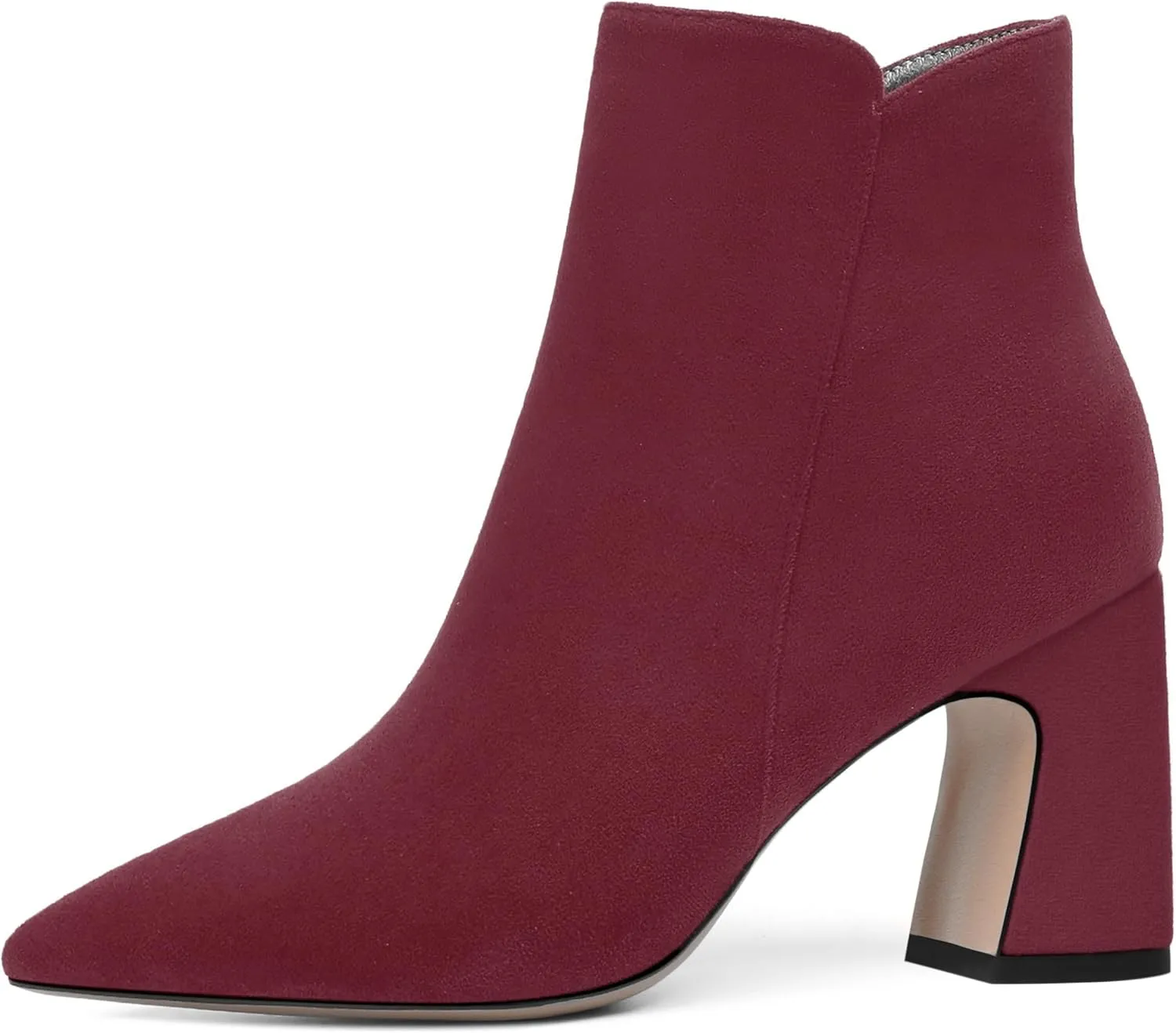 WAYDERNS Womens Suede Solid Zip Pointed Toe All Weather Dating Chunky High Heel Ankle High Boots 3.3 Inch