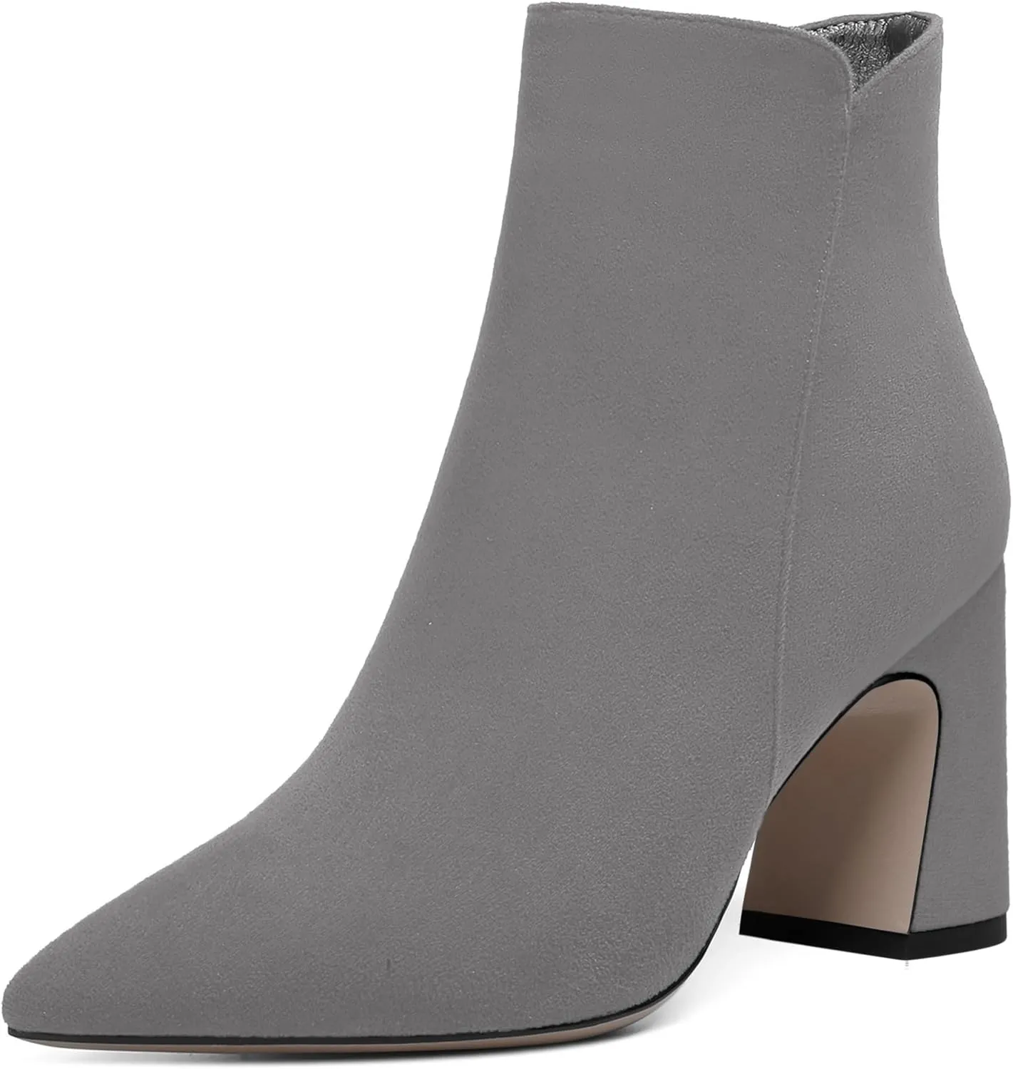 WAYDERNS Womens Suede Solid Zip Pointed Toe All Weather Dating Chunky High Heel Ankle High Boots 3.3 Inch