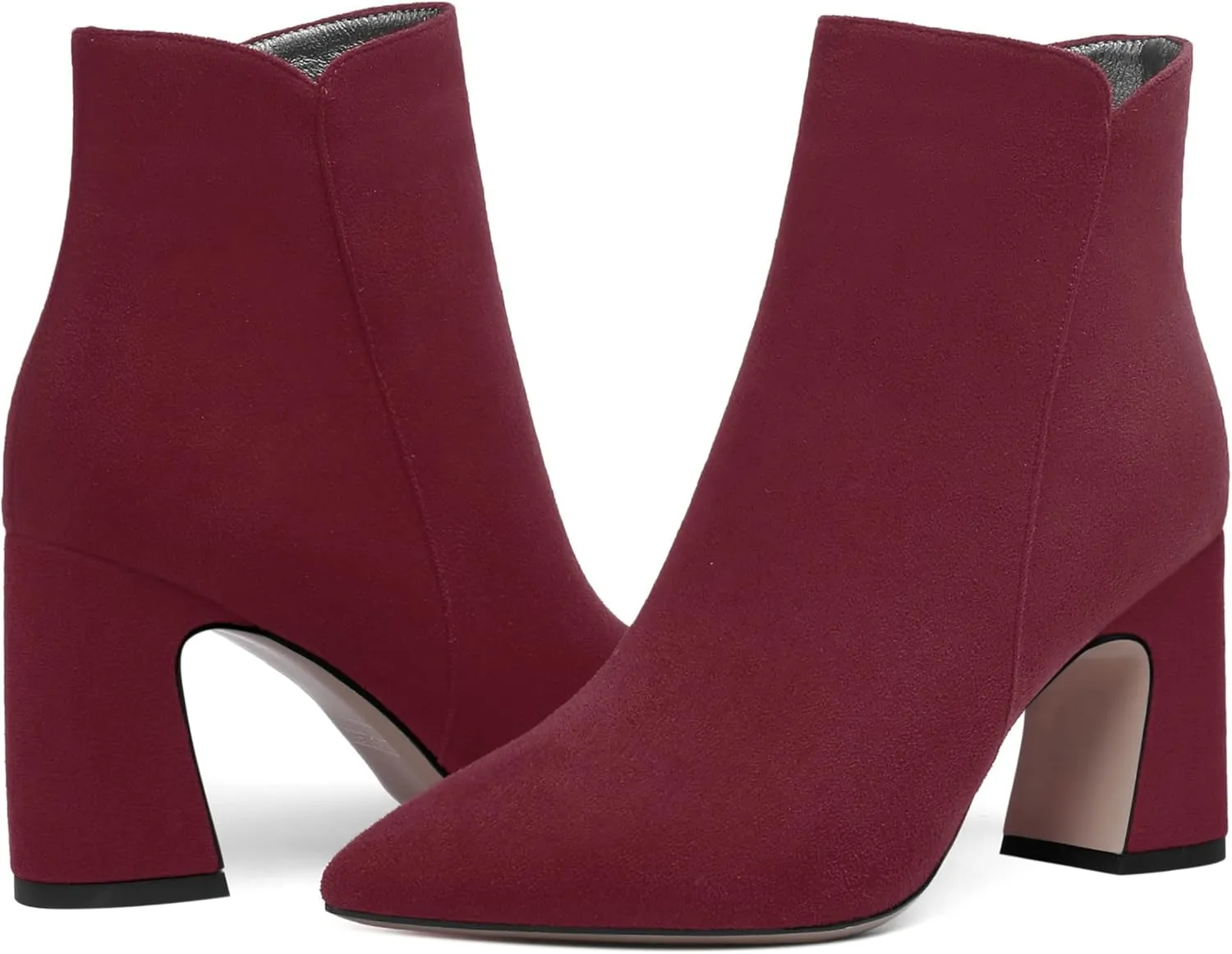 WAYDERNS Womens Suede Solid Zip Pointed Toe All Weather Dating Chunky High Heel Ankle High Boots 3.3 Inch