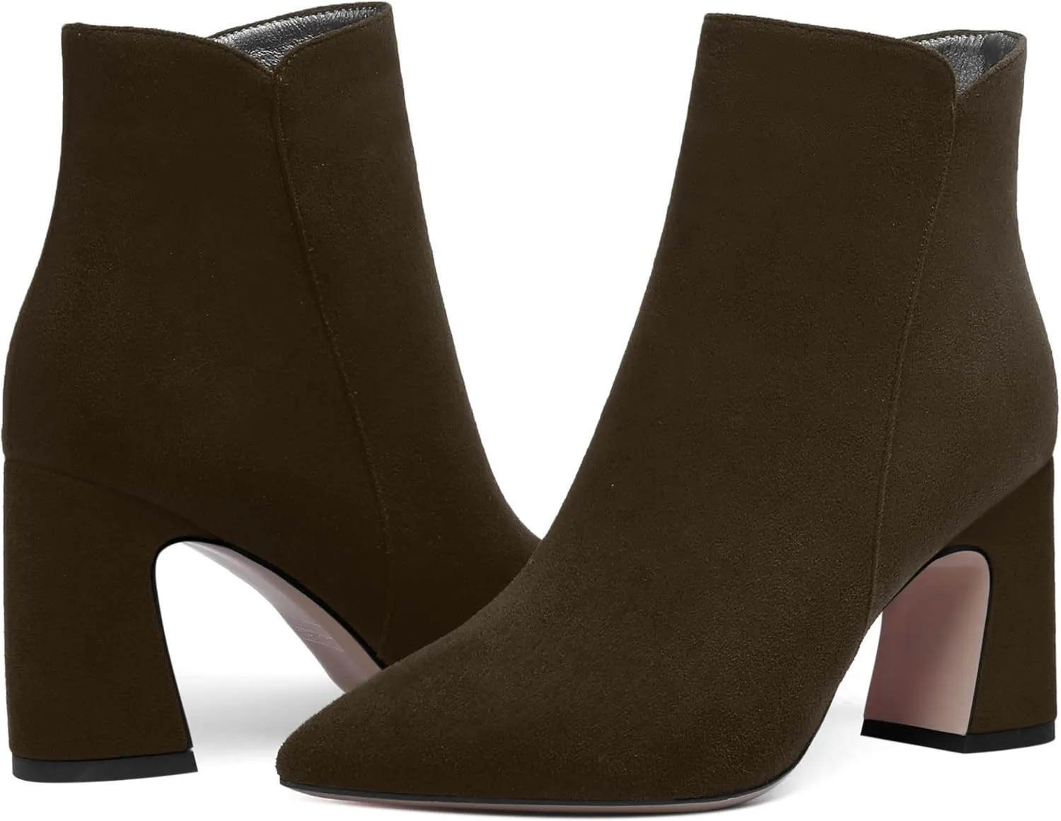 WAYDERNS Womens Suede Solid Zip Pointed Toe All Weather Dating Chunky High Heel Ankle High Boots 3.3 Inch