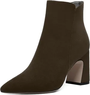 WAYDERNS Womens Suede Solid Zip Pointed Toe All Weather Dating Chunky High Heel Ankle High Boots 3.3 Inch