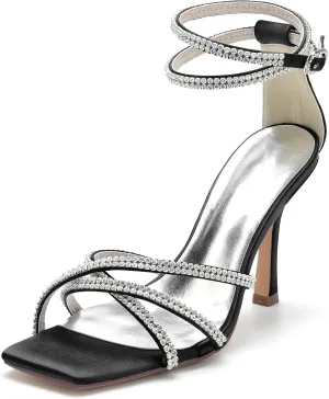 Wedding Bridal Shoes Womens Ankle Strap High Heels Satin Open Toe Stiletto Heeled Sandals Fashion Wedding Dress Pump Shoes 9.5Cm