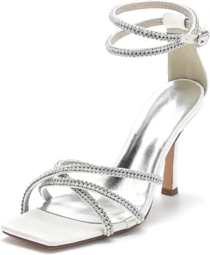 Wedding Bridal Shoes Womens Ankle Strap High Heels Satin Open Toe Stiletto Heeled Sandals Fashion Wedding Dress Pump Shoes 9.5Cm