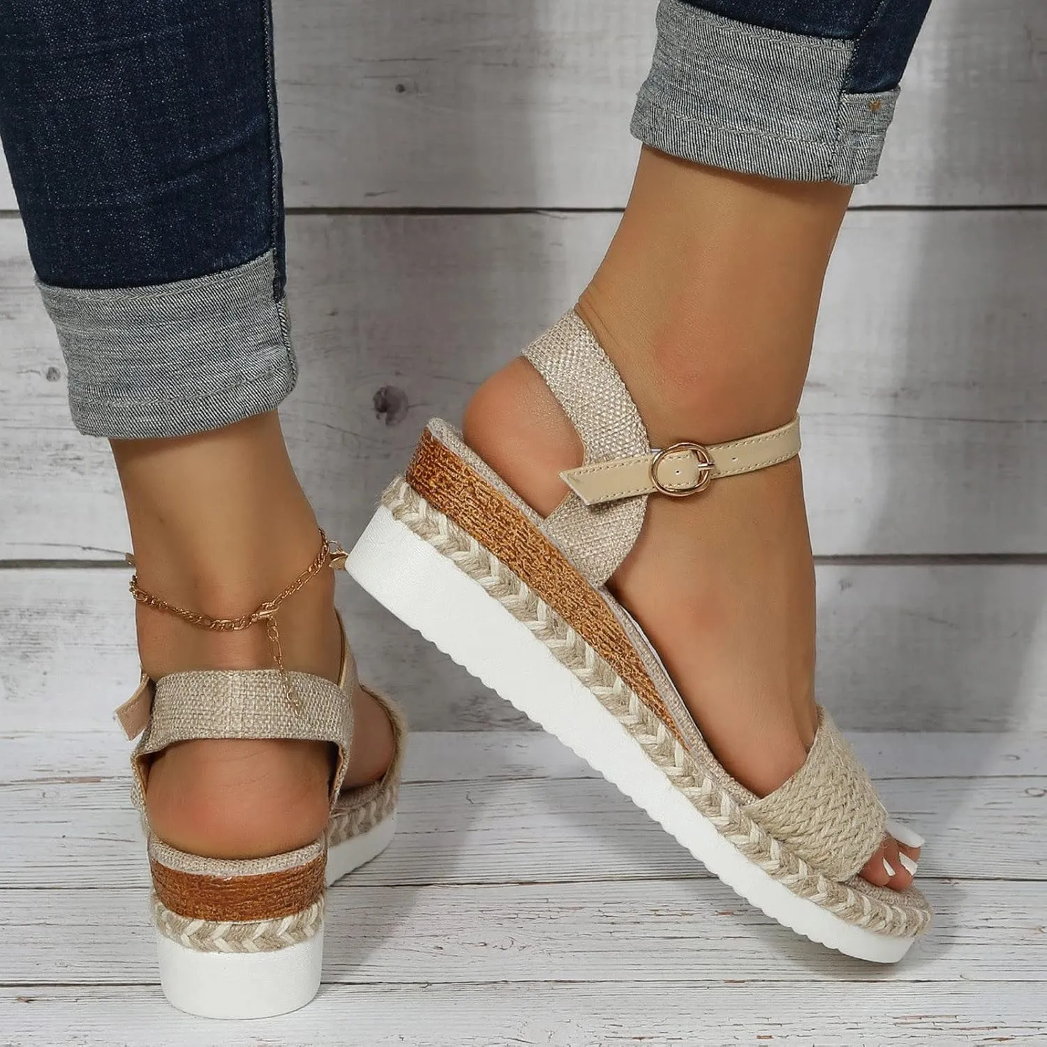 Wedge Sandals for Women 2024 Ladies Fashion Summer Open Toe Straw Rope Upper Buckle Wedge Heel Thick Sole Sandals