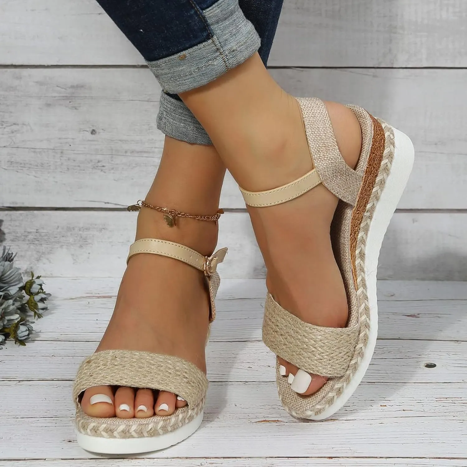 Wedge Sandals for Women 2024 Ladies Fashion Summer Open Toe Straw Rope Upper Buckle Wedge Heel Thick Sole Sandals