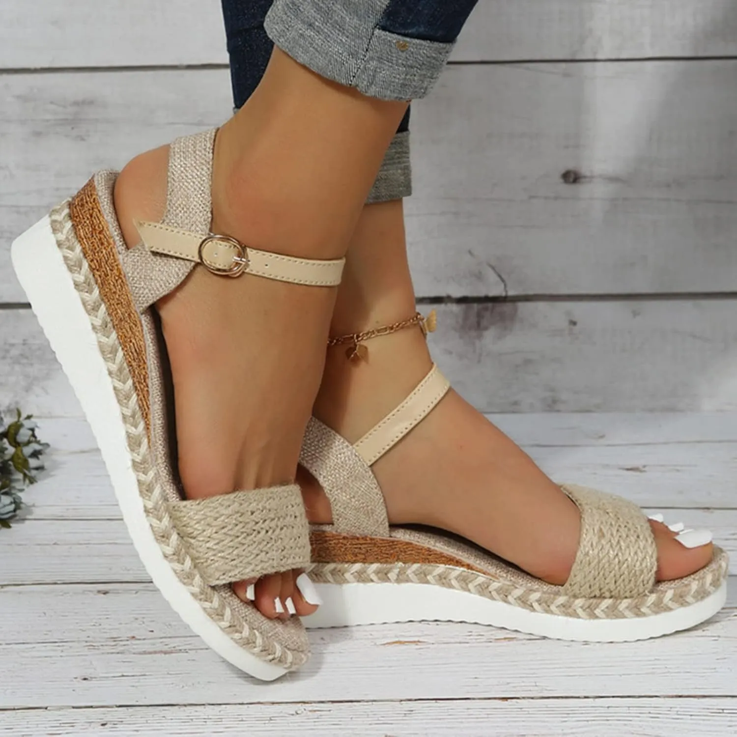 Wedge Sandals for Women 2024 Ladies Fashion Summer Open Toe Straw Rope Upper Buckle Wedge Heel Thick Sole Sandals