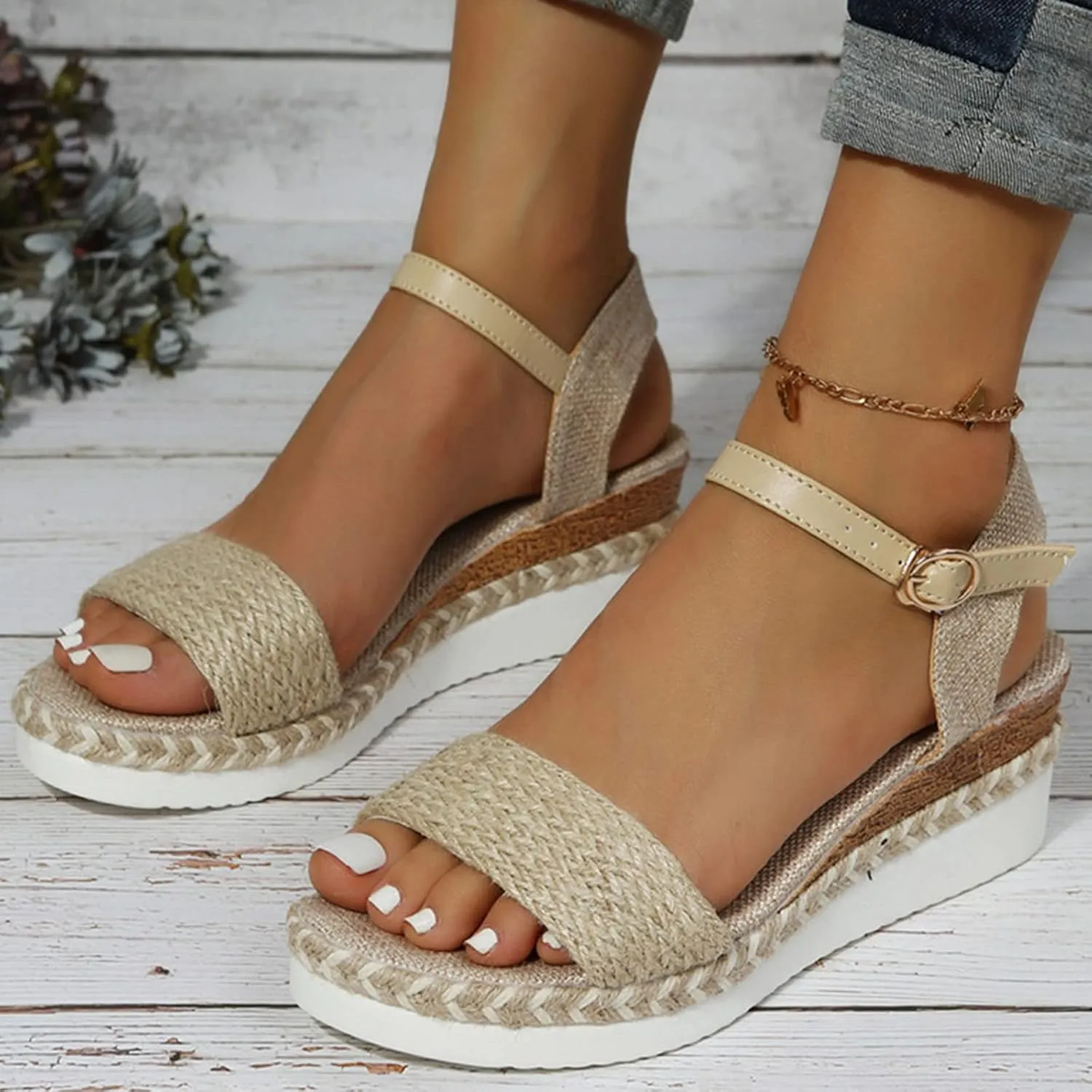 Wedge Sandals for Women 2024 Ladies Fashion Summer Open Toe Straw Rope Upper Buckle Wedge Heel Thick Sole Sandals