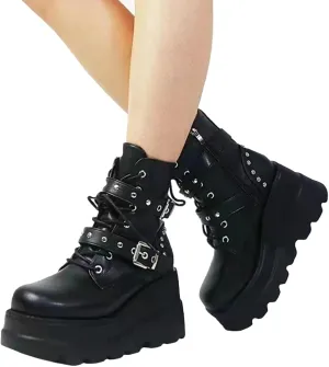 Women Black Goth Platform Boots Chunky High Heel Lace Up Combat Boots Buckle Thick Sole Punk Booties Wedge Ankle Boots