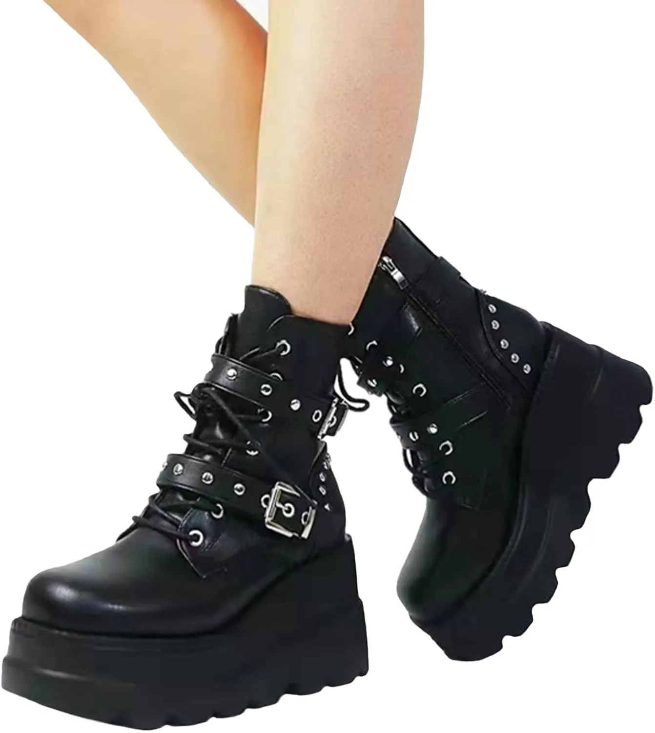 Women Black Goth Platform Boots Chunky High Heel Lace Up Combat Boots Buckle Thick Sole Punk Booties Wedge Ankle Boots