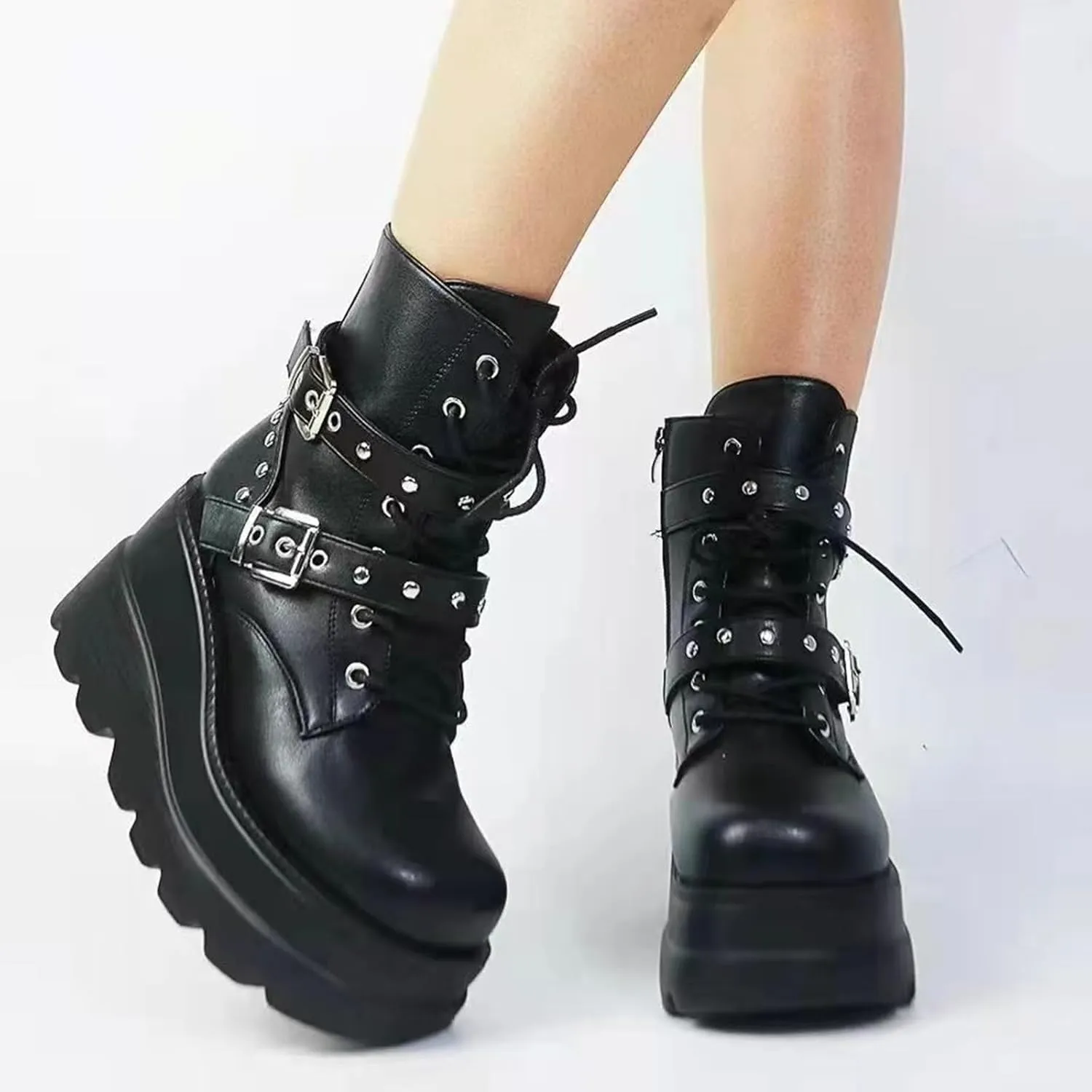Women Black Goth Platform Boots Chunky High Heel Lace Up Combat Boots Buckle Thick Sole Punk Booties Wedge Ankle Boots