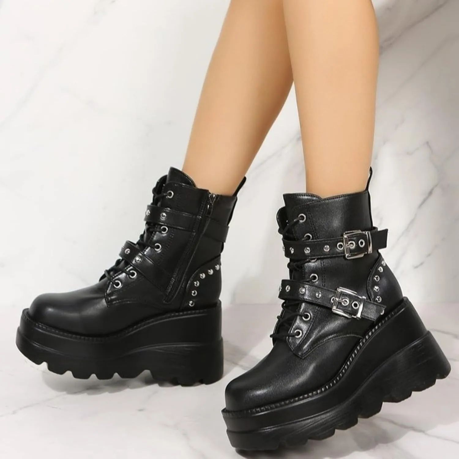 Women Black Goth Platform Boots Chunky High Heel Lace Up Combat Boots Buckle Thick Sole Punk Booties Wedge Ankle Boots