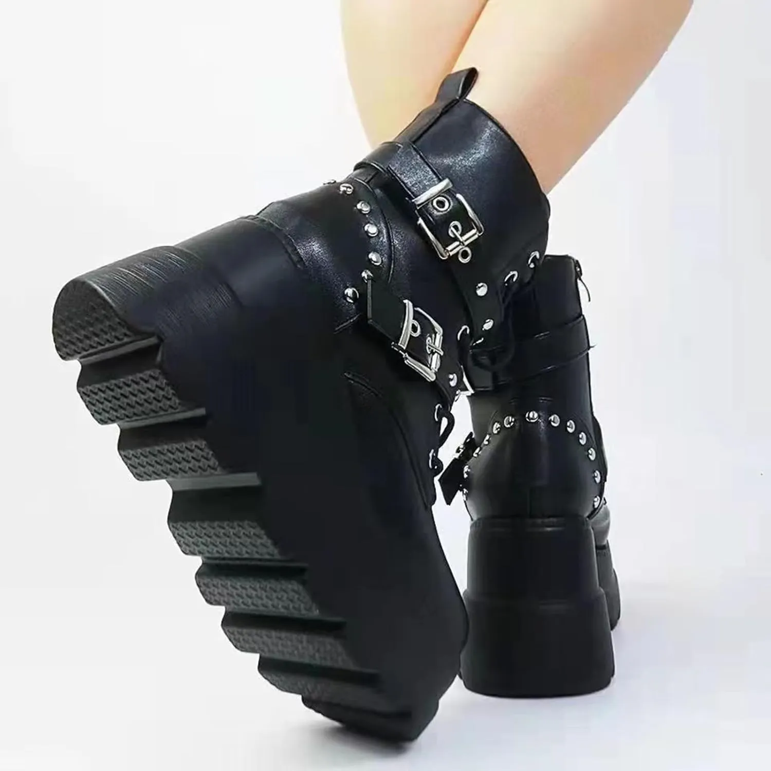 Women Black Goth Platform Boots Chunky High Heel Lace Up Combat Boots Buckle Thick Sole Punk Booties Wedge Ankle Boots