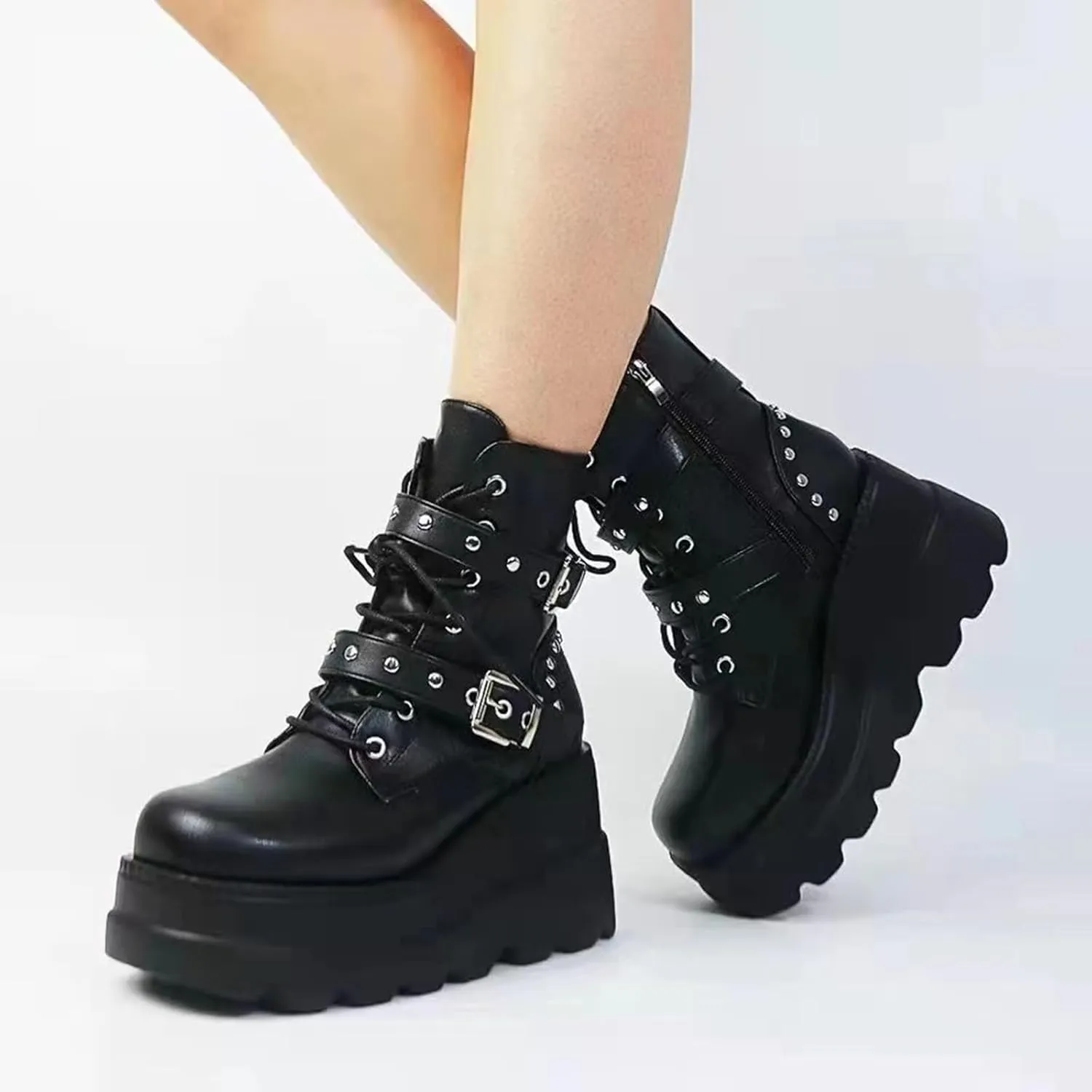 Women Black Goth Platform Boots Chunky High Heel Lace Up Combat Boots Buckle Thick Sole Punk Booties Wedge Ankle Boots