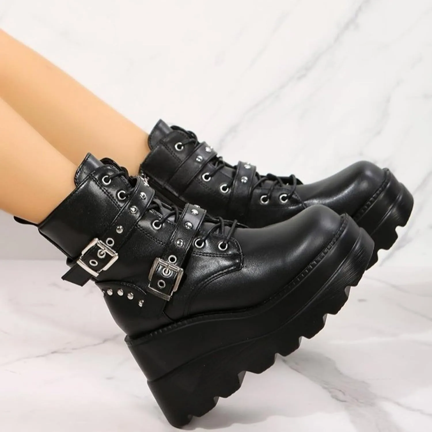 Women Black Goth Platform Boots Chunky High Heel Lace Up Combat Boots Buckle Thick Sole Punk Booties Wedge Ankle Boots