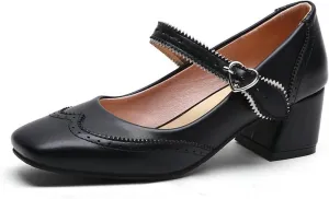 Women Fashion Square Toe Dress Pumps Retro Ankle Strap Mary Janes Retro Mid Block Heel Brogue Shoes