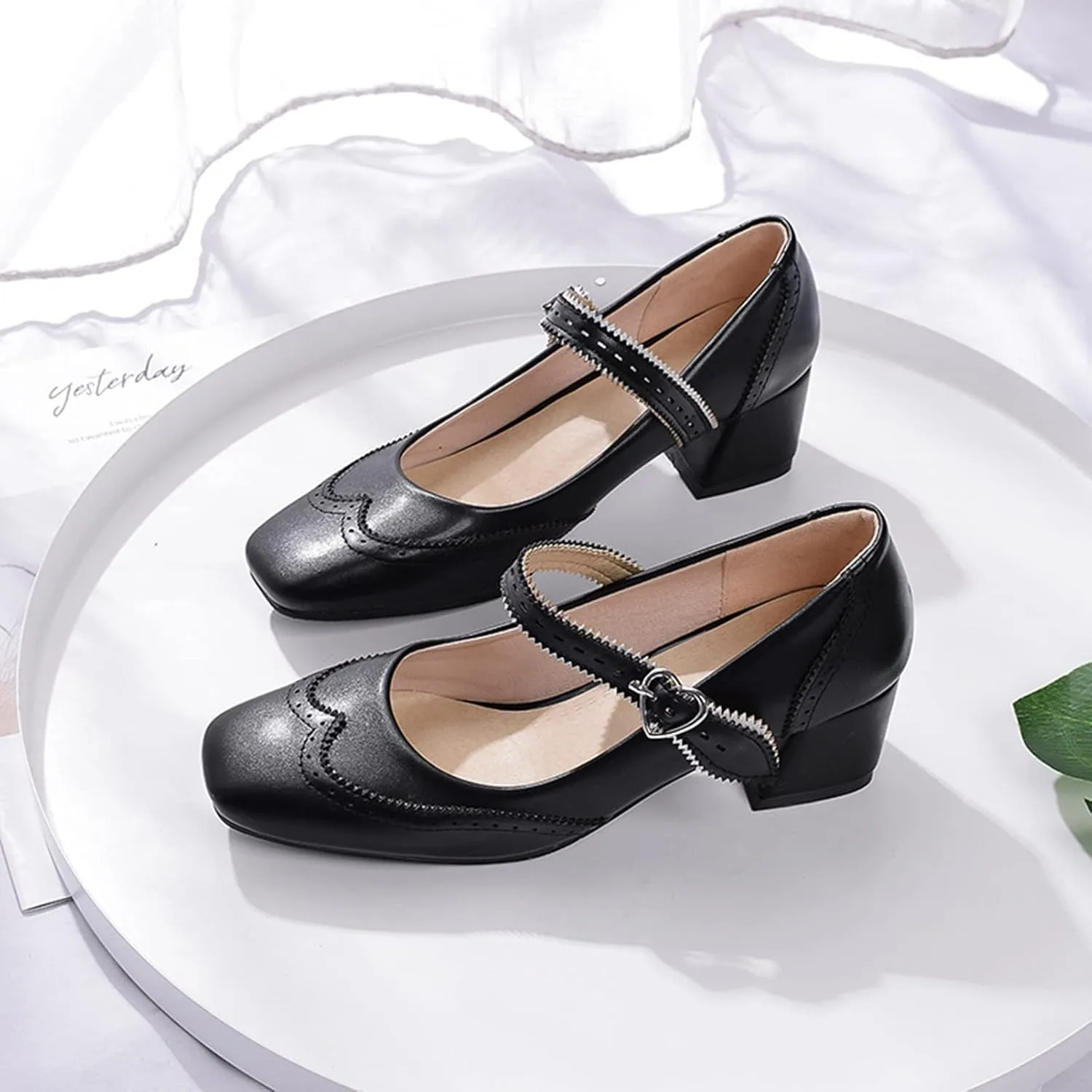 Women Fashion Square Toe Dress Pumps Retro Ankle Strap Mary Janes Retro Mid Block Heel Brogue Shoes