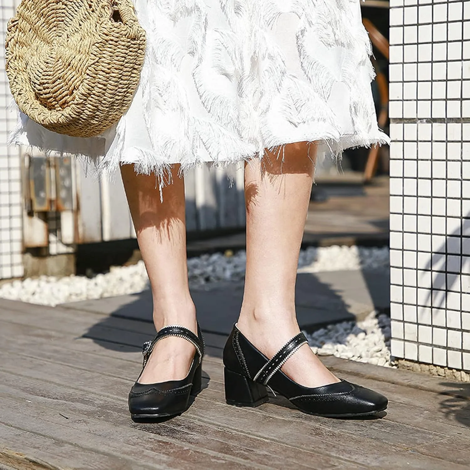 Women Fashion Square Toe Dress Pumps Retro Ankle Strap Mary Janes Retro Mid Block Heel Brogue Shoes