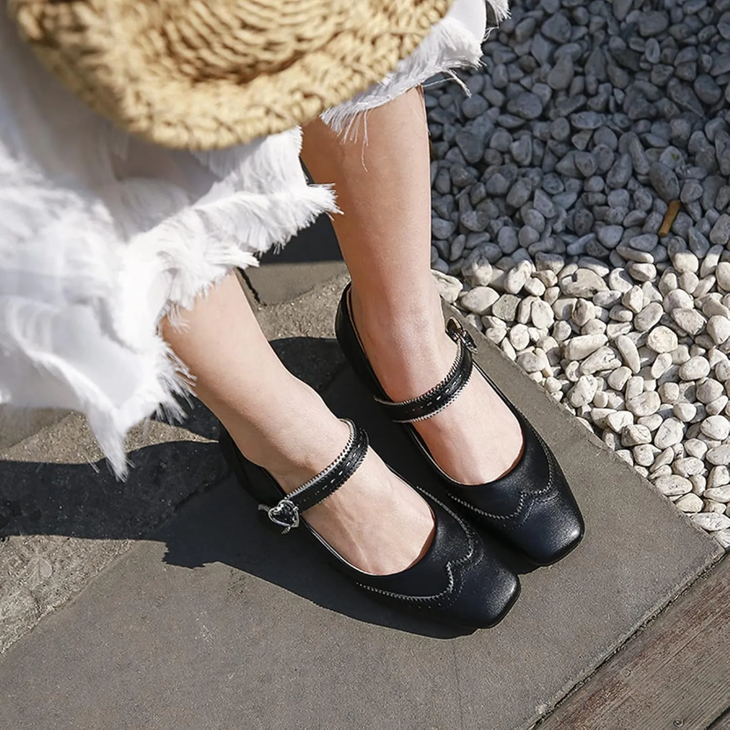 Women Fashion Square Toe Dress Pumps Retro Ankle Strap Mary Janes Retro Mid Block Heel Brogue Shoes