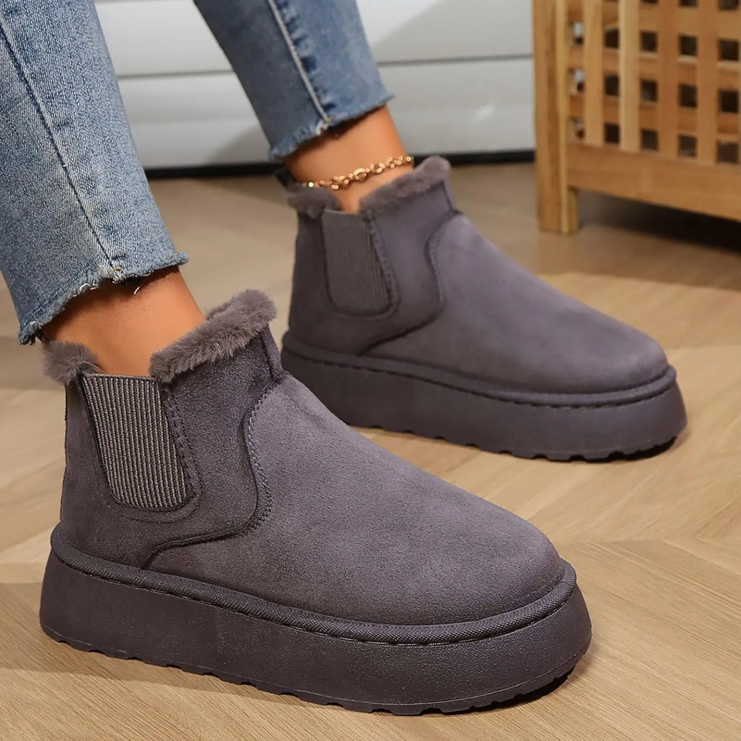 Women Leather Boots Winter Thick Sole With Plush Insulation Short Tube And Cotton Snow Boots Short Snow Boots