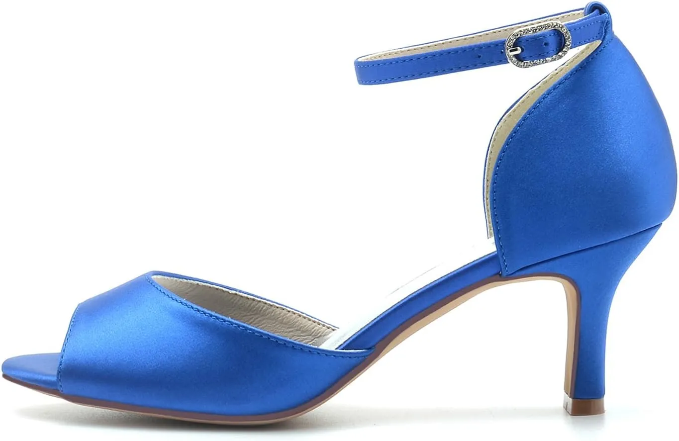 Women Peep Toe Wedding Shoes for Bride Satin Ankle Strap Wedding Shoes Low Kitten Heels Party Prom Dress Sandals
