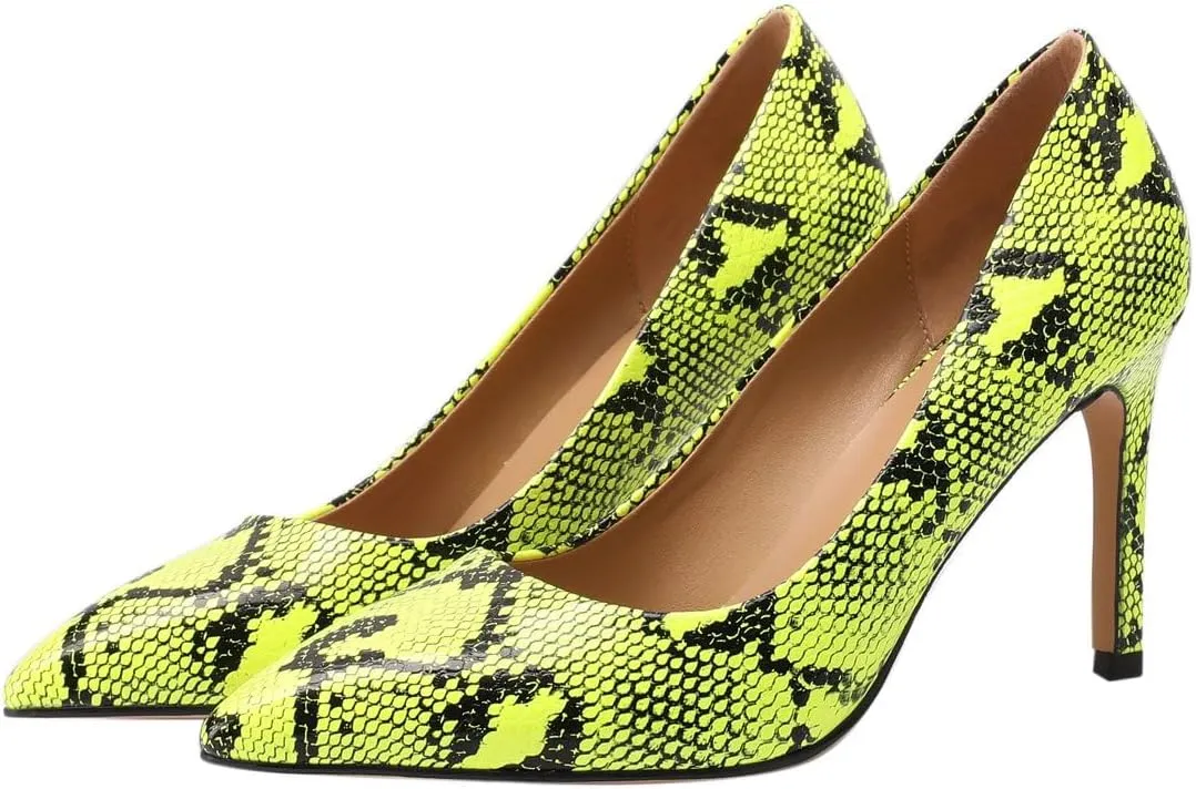 Women Snakeskin Heels, Animal Pirnt Slip On Pointed Toe Pumps, Closed Toe High Stiletto Heel Dress Shoes for Wedding Party Office