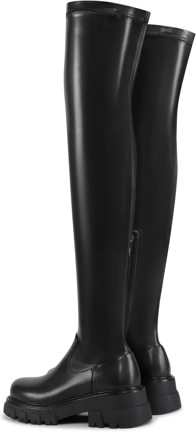 Women Thick sole Round toe Black Side Zippers Thigh High Boots Ladies Solid Elastic Over Knee High Boots