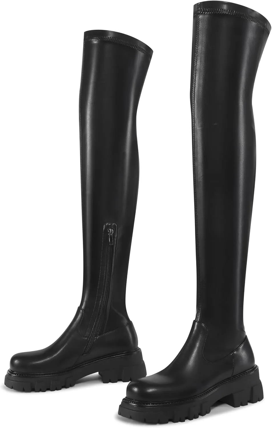 Women Thick sole Round toe Black Side Zippers Thigh High Boots Ladies Solid Elastic Over Knee High Boots