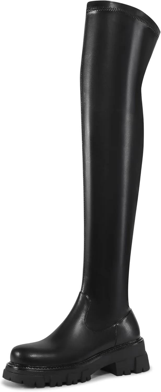 Women Thick sole Round toe Black Side Zippers Thigh High Boots Ladies Solid Elastic Over Knee High Boots