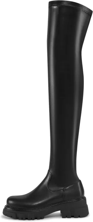 Women Thick sole Round toe Black Side Zippers Thigh High Boots Ladies Solid Elastic Over Knee High Boots