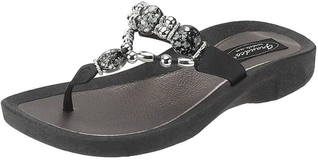 Women's 25542E Expression Beaded Waterproof Molded Sole Beach Thong Sandals Platform, Black, 8