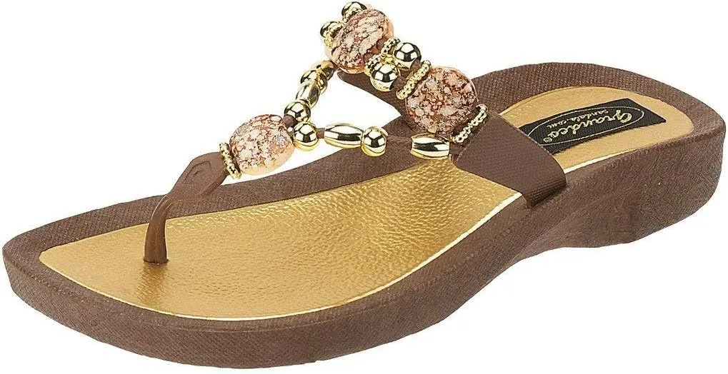 Women's 25542E Expression Beaded Waterproof Molded Sole Beach Thong Sandals Platform, Brown, 10
