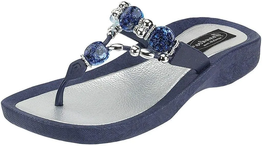 Women's 25542E Expression Beaded Waterproof Molded Sole Beach Thong Sandals Platform, Navy, 11