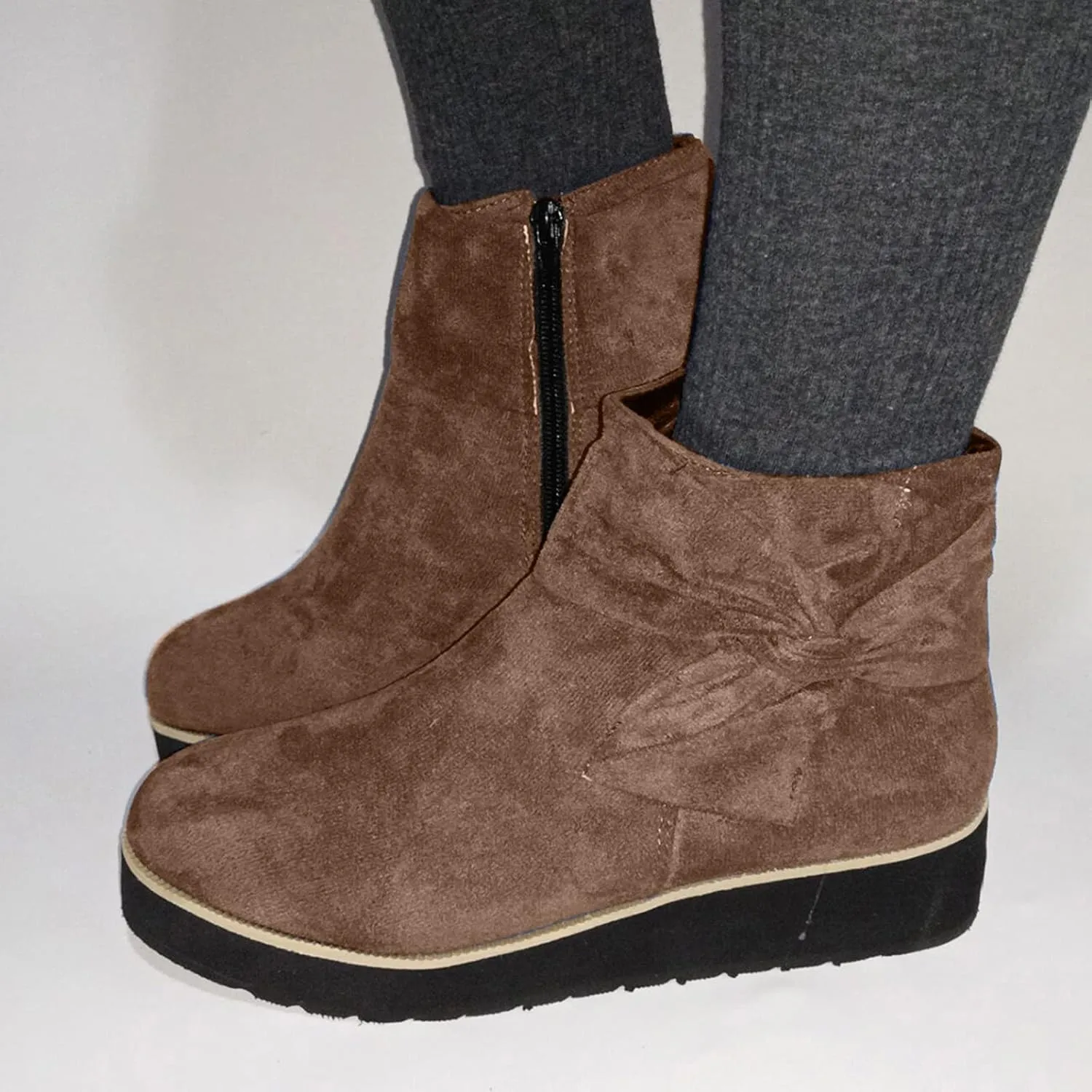 Womens Boots Fashion Flock Insulated Warm Anti-slip Boots for Women Casual Bowknot Thick Sole Zipper Ankle Boots