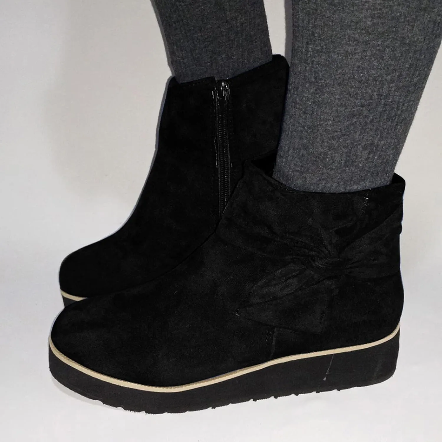 Womens Boots Fashion Flock Insulated Warm Anti-slip Boots for Women Casual Bowknot Thick Sole Zipper Ankle Boots