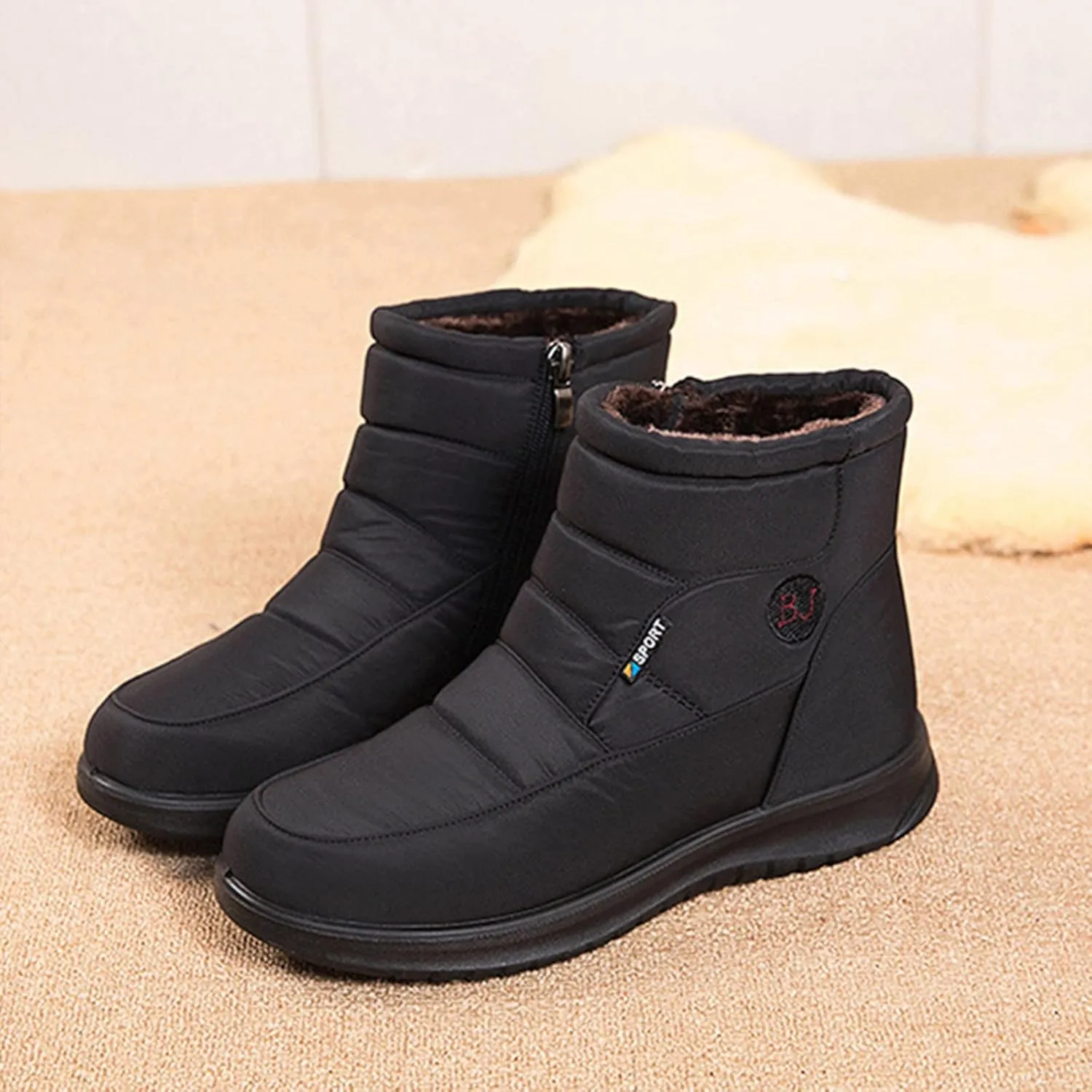 Womens Boots Fuzzy Fur Lined Thick Sole Zipper Fashion Boots for Women Soft PU Leather Warm Snow Boots for Women