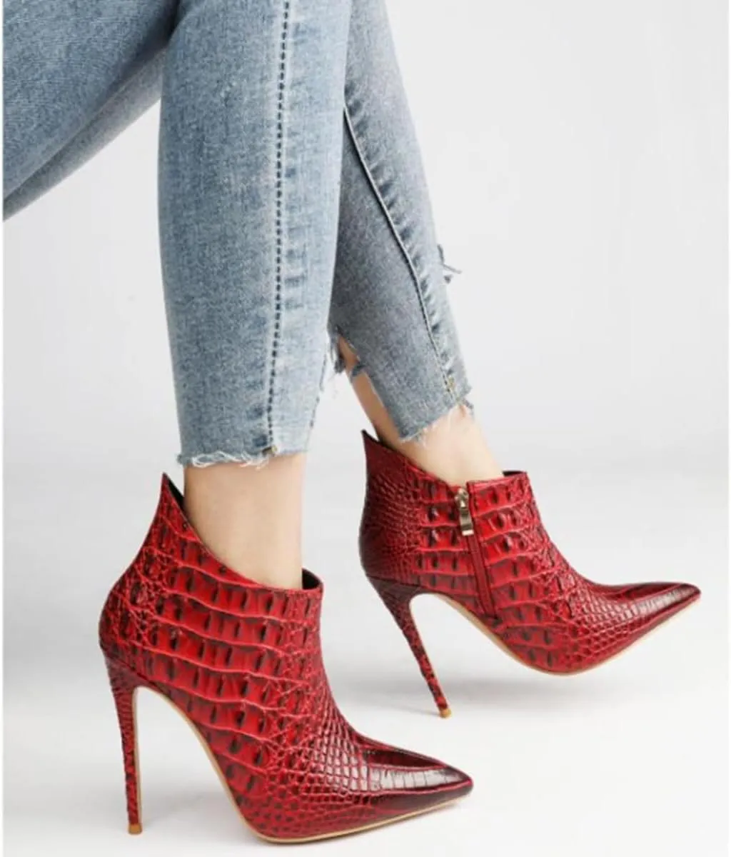 Women's Fashion Snakeskin Stiletto High Heels Ankle Boots Sexy Side Zipper Booties Elegant Business Leather Short Boots
