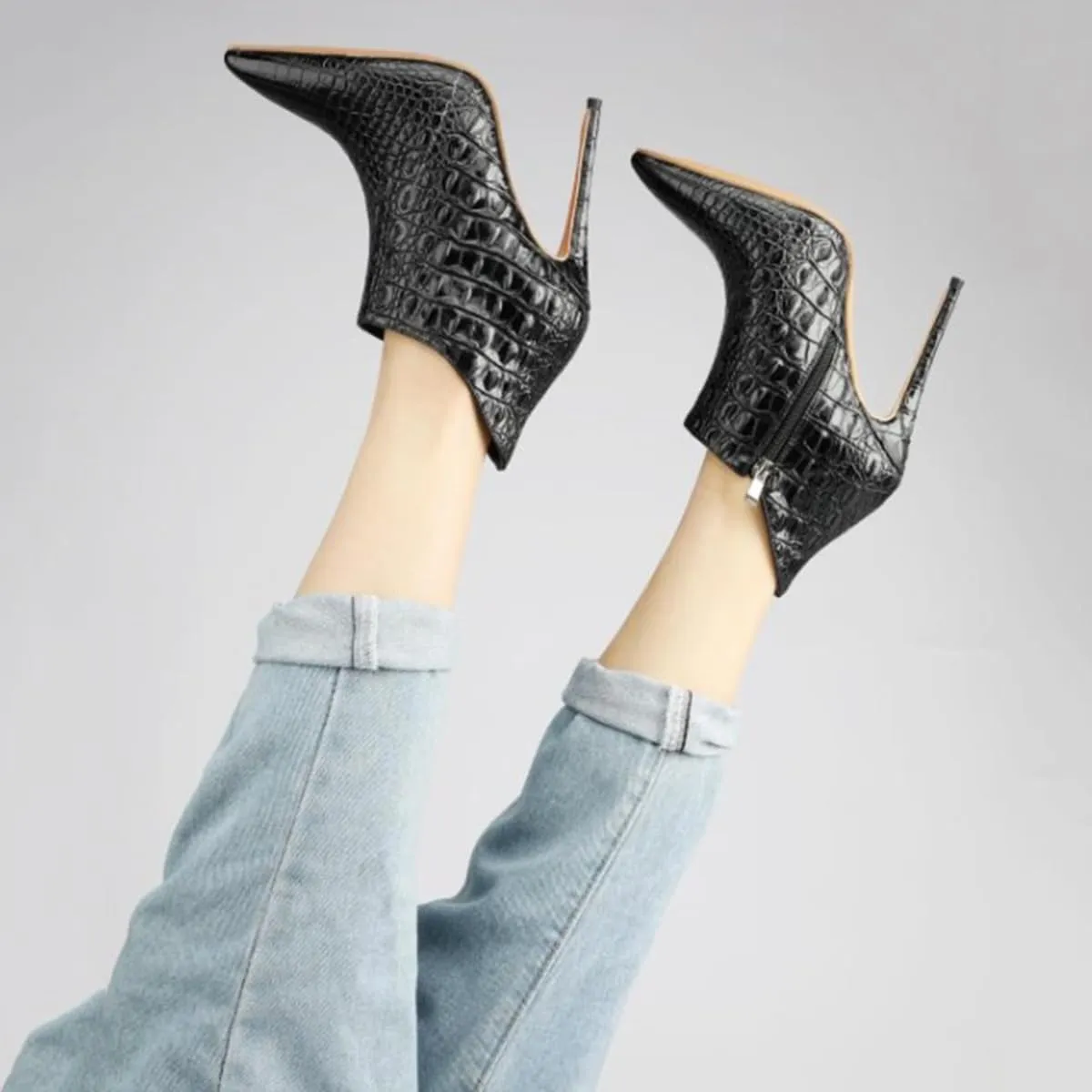 Women's Fashion Snakeskin Stiletto High Heels Ankle Boots Sexy Side Zipper Booties Elegant Business Leather Short Boots