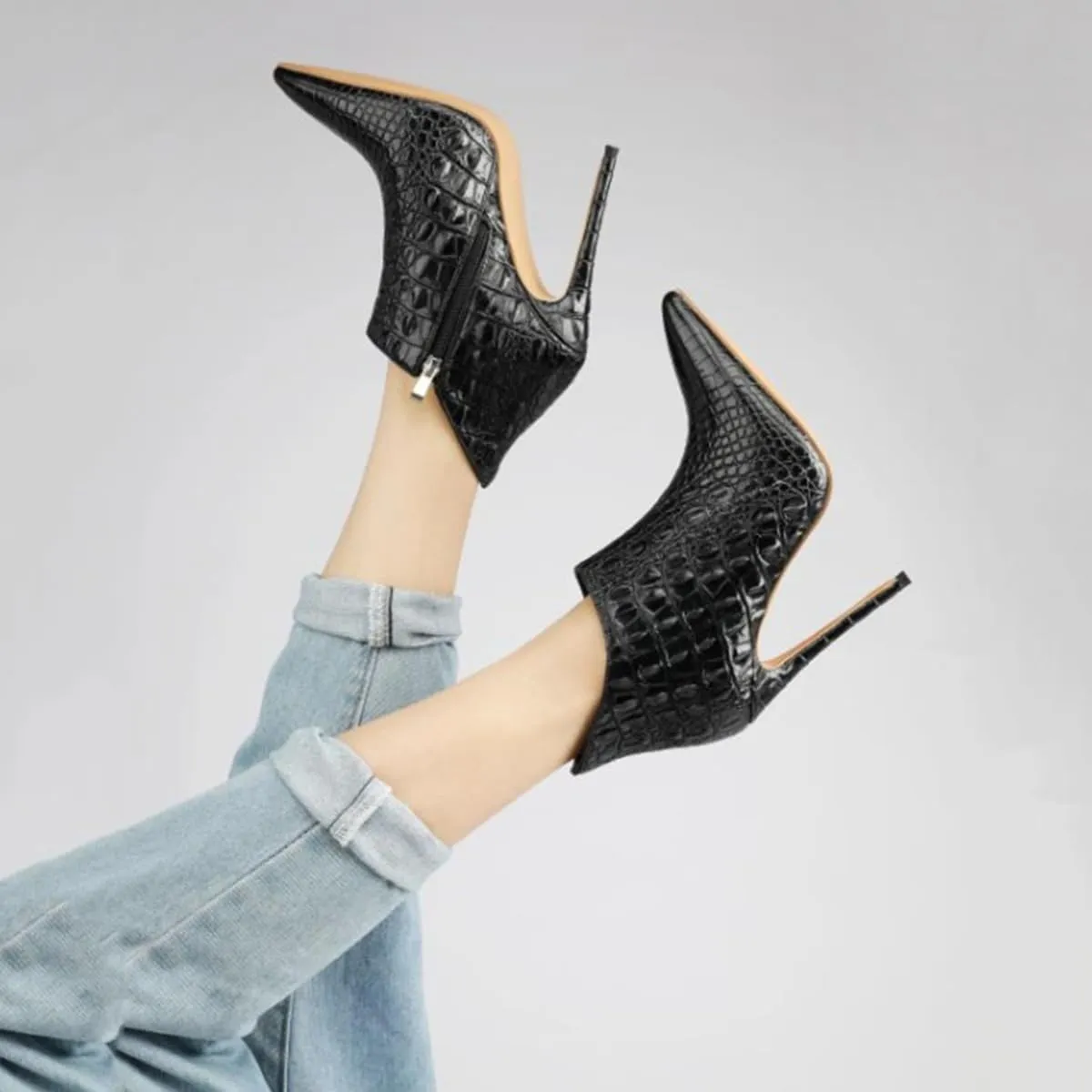 Women's Fashion Snakeskin Stiletto High Heels Ankle Boots Sexy Side Zipper Booties Elegant Business Leather Short Boots