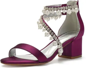 Women's High Heels Open Toe with Wedding Ankle Strap Bride Heels Block Sandals Bridal Shoes Evening Party Dress Comfortable Square Toe,Purple,6
