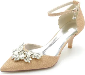 Women's Kitten mid Heeled Wedding Shoes for Bride Pointy Toe Glitter Bridal Shoes Dress Party Dressy Pumps