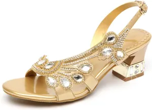 Women's Patent Leather Glitter Rhinestones Slingback Block Heel Sandals with Adjust Ankle Strap Stylish Crystal Sandals Non-Slip Open Toe Bridesmaid Dress Shoes for Wedding Party Prom