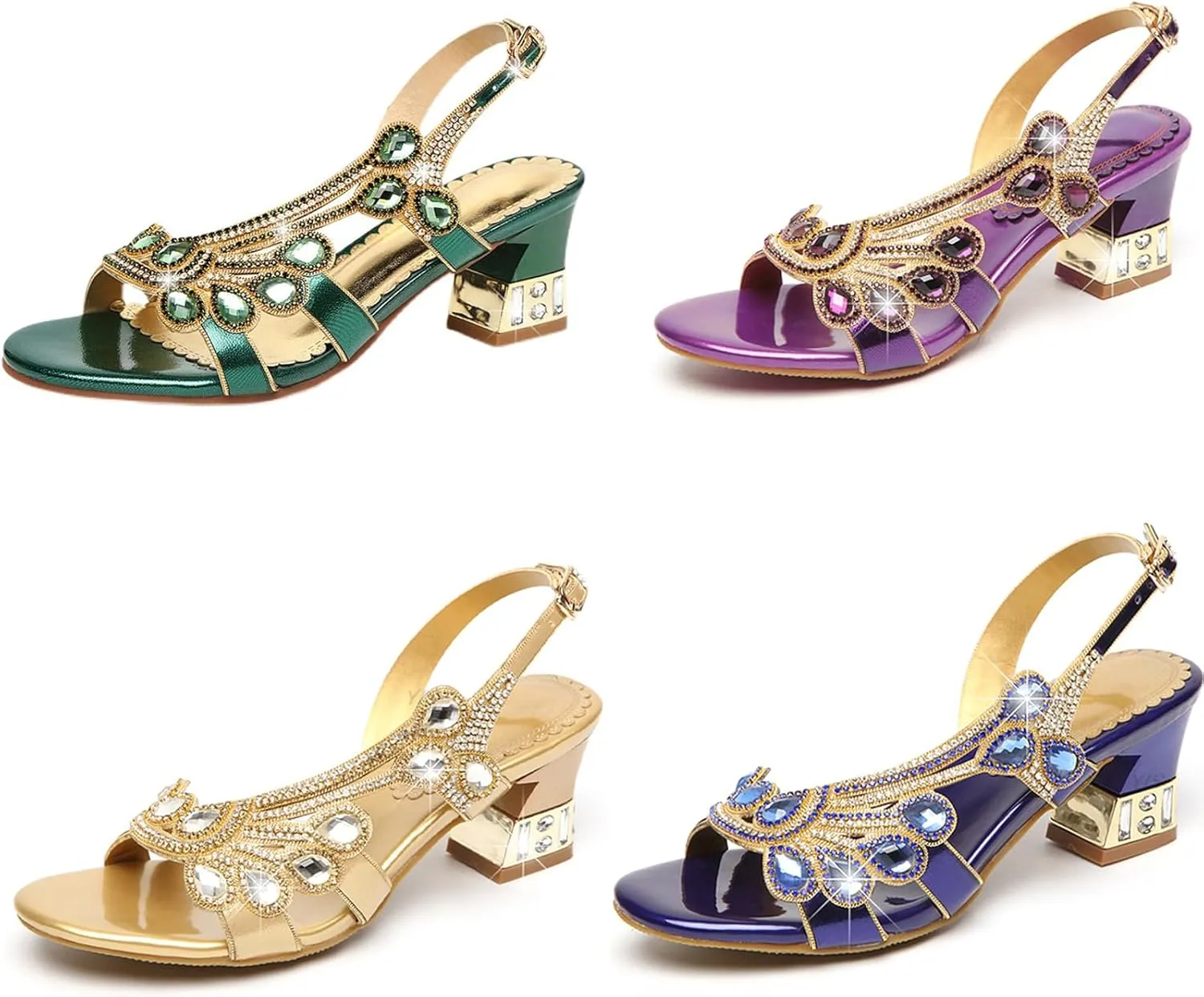 Women's Patent Leather Glitter Rhinestones Slingback Block Heel Sandals with Adjust Ankle Strap Stylish Crystal Sandals Non-Slip Open Toe Bridesmaid Dress Shoes for Wedding Party Prom