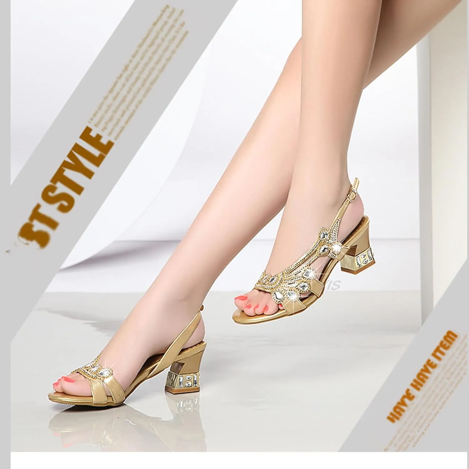 Women's Patent Leather Glitter Rhinestones Slingback Block Heel Sandals with Adjust Ankle Strap Stylish Crystal Sandals Non-Slip Open Toe Bridesmaid Dress Shoes for Wedding Party Prom