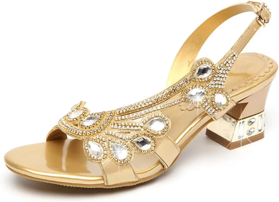Women's Patent Leather Glitter Rhinestones Slingback Block Heel Sandals with Adjust Ankle Strap Stylish Crystal Sandals Non-Slip Open Toe Bridesmaid Dress Shoes for Wedding Party Prom
