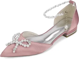 Women's Pearls Ankle Strap Wedding Bridal Shoes Satin Low Heels Ballet Flats Closed Pointed Toe Evening Party Dress Sandles