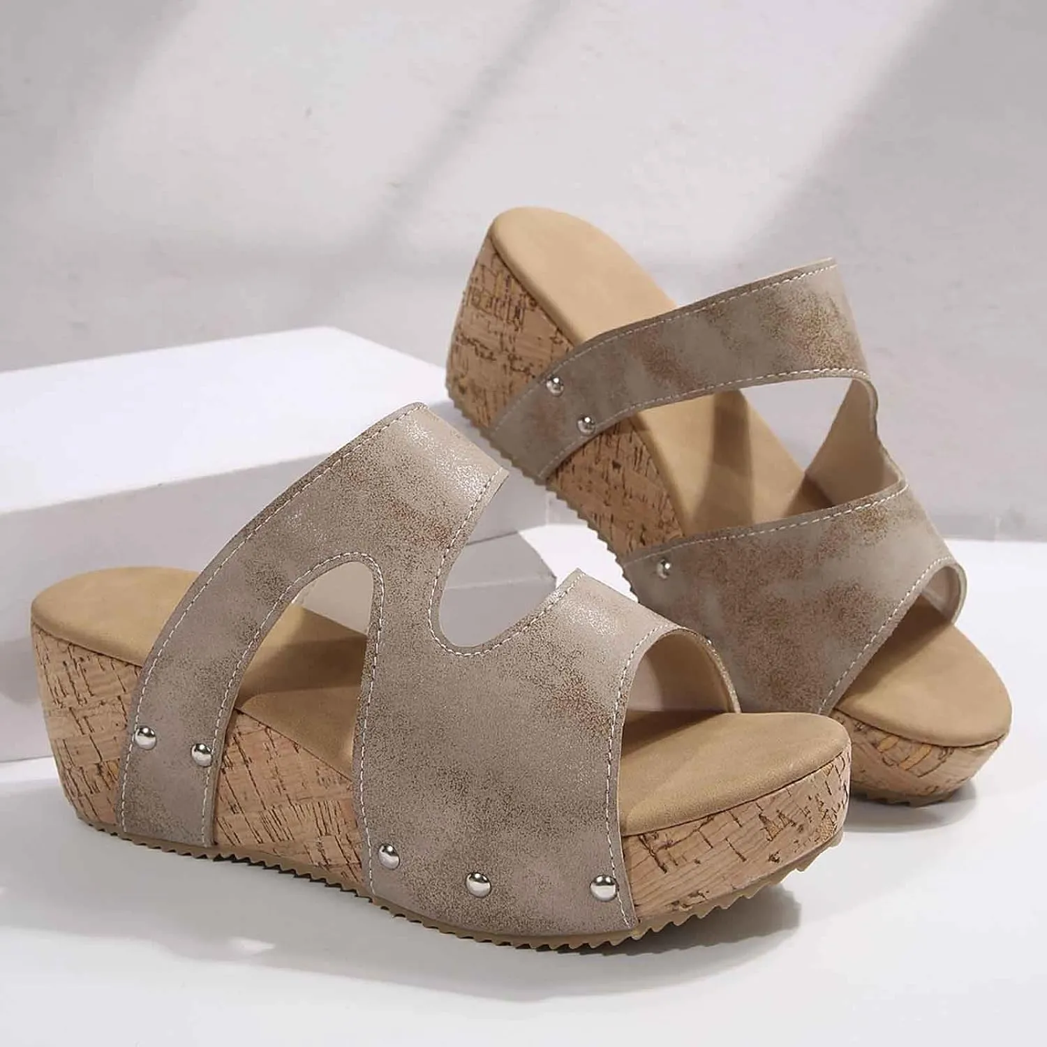 Women's Platform Wedge Sandals Open Toe Summer Slippers Casual Comfortable Thick Sole Leather Slides for Walking