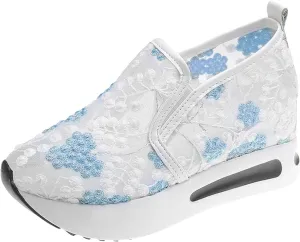 Womens Platform Wedge Sneakers Fashion Mesh Floral Embroidery Breathable Slip on Air Comfort Chunky Arch Support Walking Shoes